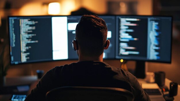コードとデザインインターフェースを表示する複数のスクリーンを持つソフトウェアプロジェクトのためにコンピュータでコードを書く開発者