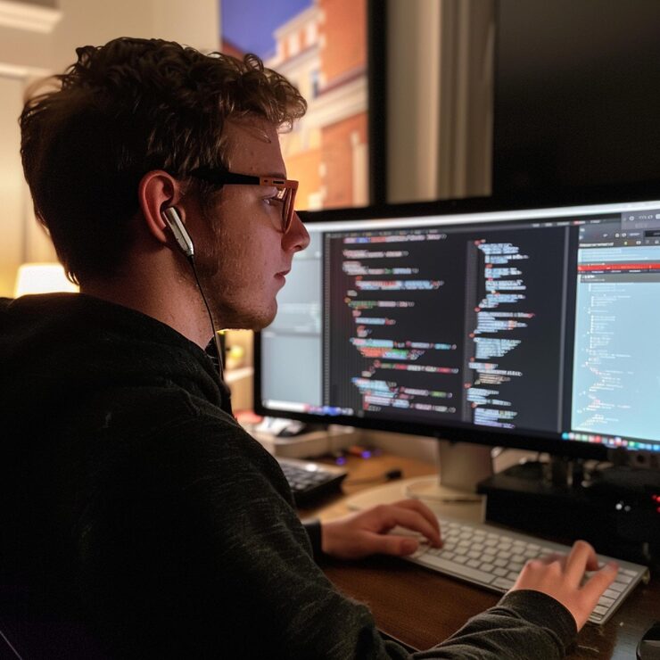 Photo developer coding a responsive web page using html css and javascript