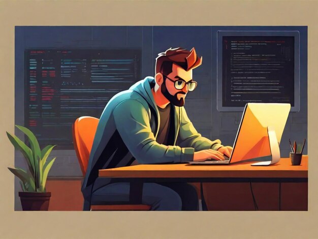 Developer at computer engineer coding hacker concept Flat vector illustration daily activities