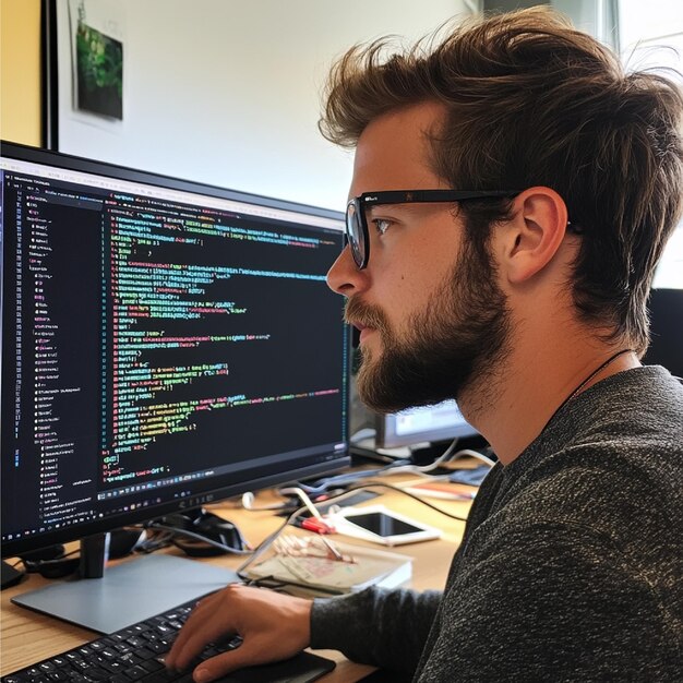 Разработчик проектирует API в Nodejs с фрагментами кода, видимыми на экране