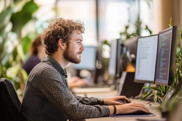 developer focused on coding at dual monitors in a modern workspace with greenery during daytime hours