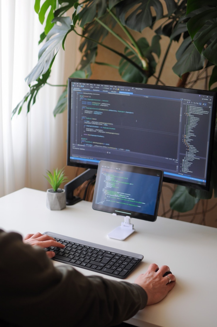 Photo developer is coding using screen and tablet freelancer is working from home home office with plant