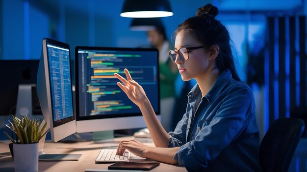 developer programmer working on coding program software computer in office