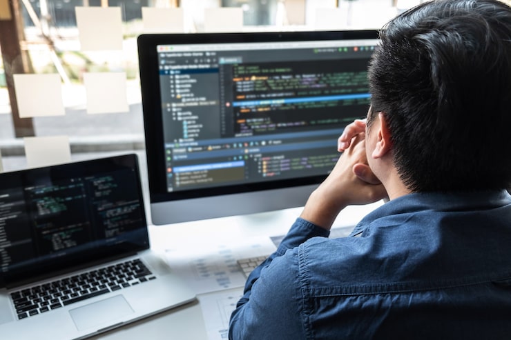 Photo it 회사 사무실의 소프트웨어 개발 컴퓨터에서 프로젝트 작업을 하는 개발자 프로그래머, 코드 및 데이터 코드 웹사이트 작성, 문제 해결을 위한 데이터베이스 기술 코딩.