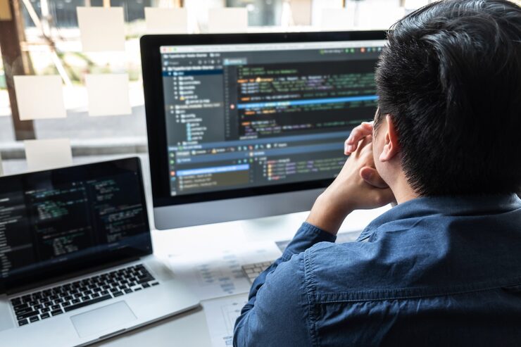 Photo it 회사 사무실의 소프트웨어 개발 컴퓨터에서 프로젝트 작업을 하는 개발자 프로그래머, 코드 및 데이터 코드 웹사이트 작성, 문제 해결을 위한 데이터베이스 기술 코딩.