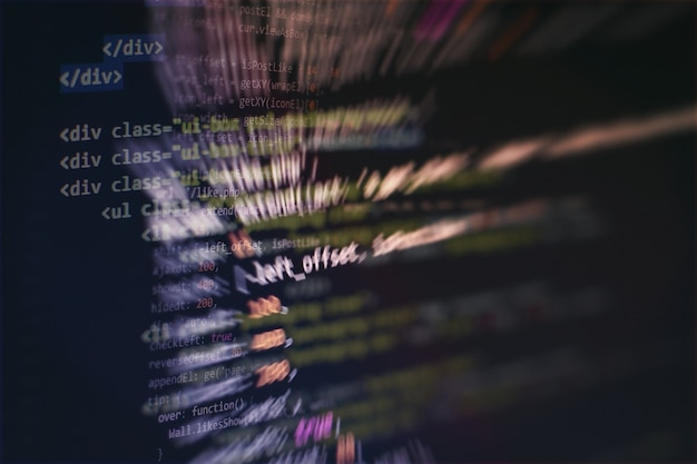 開発者プログラミングコード。抽象コンピュータスクリプトコード。ソフトウェア開発者のプログラミングコード画面。ソフトウェアプログラミングの作業時間。