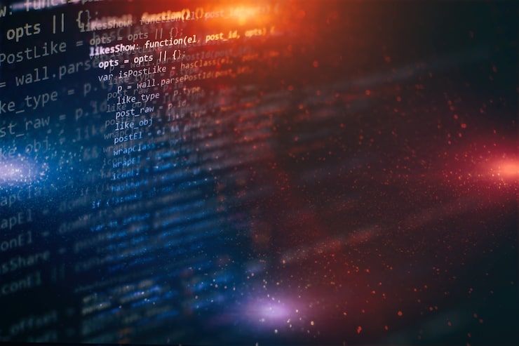 Photo developer programming code. abstract computer script code. programming code screen of software developer. software programming work time.