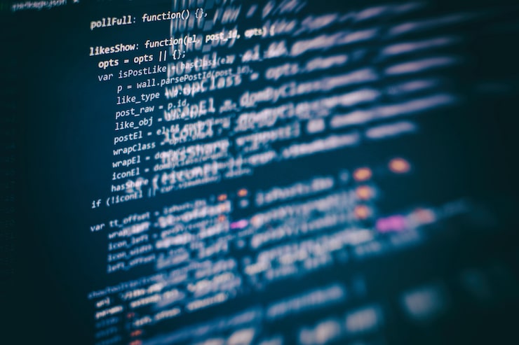 Photo developer programming code. abstract computer script code. programming code screen of software developer. software programming work time.