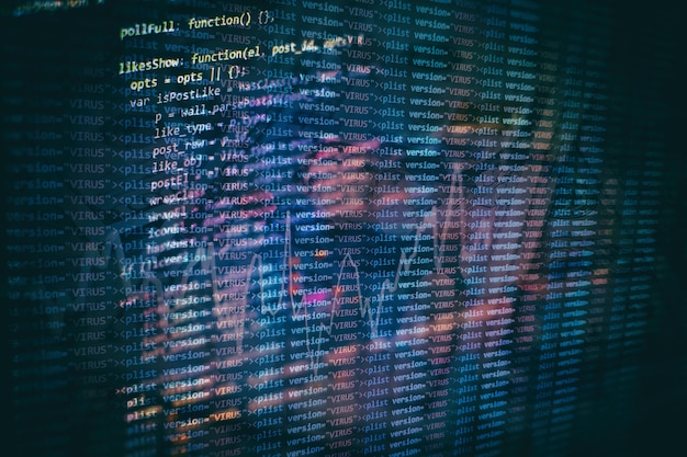 開発者プログラミングコード。抽象コンピュータスクリプトコード。ソフトウェア開発者のプログラミングコード画面。ソフトウェアプログラミングの作業時間。