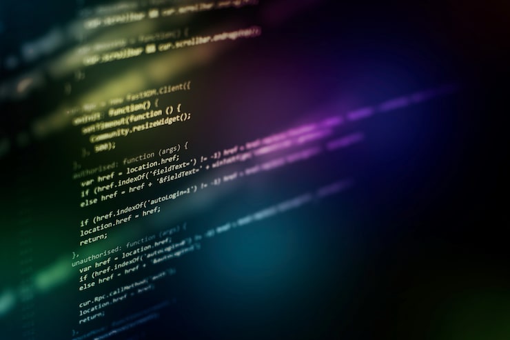 Photo developer programming code. abstract computer script code. programming code screen of software developer. software programming work time.