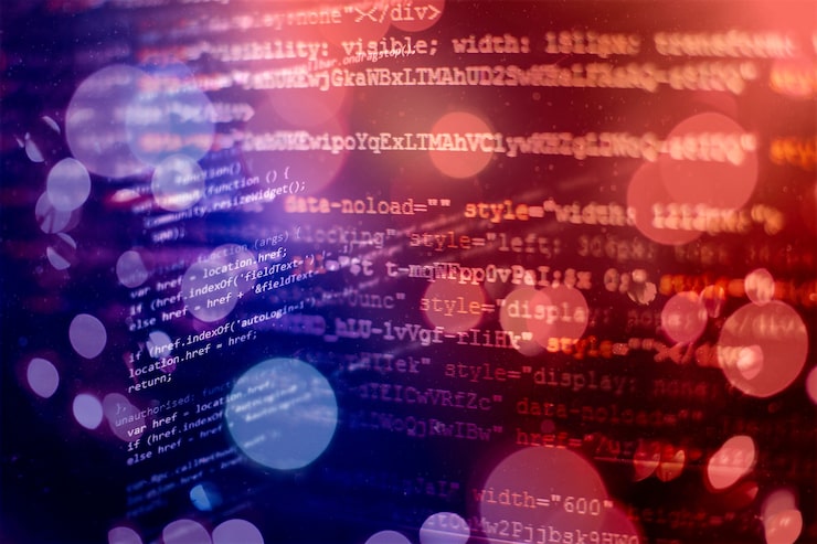 Photo developer programming code. abstract computer script code. programming code screen of software developer. software programming work time.