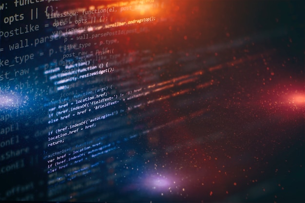 開発者プログラミングコード。抽象コンピュータスクリプトコード。ソフトウェア開発者のプログラミングコード画面。ソフトウェアプログラミングの作業時間。