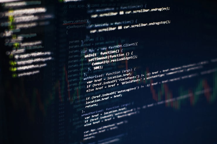 Photo 开发者编程代码. 抽象的计算机脚本代码. 软件开发者的编程代码屏幕. 软件编程工作时间.