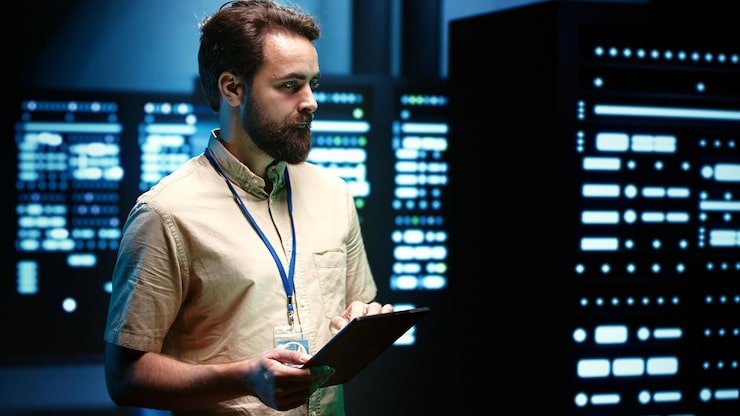 Photo developer in server room walking through data hardware clusters used for computationally intensive tasks such as scientific simulations or 3d rendering. programmer doing computing software updates