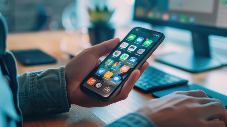 Photo a developer showcasing a newly developed app on a smartphone highlighting userfriendly features