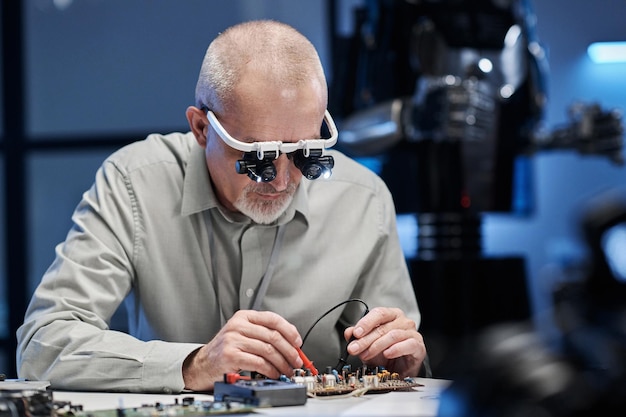 Developer soldering motherboard at table