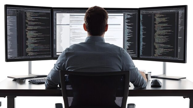 developer working on cloud infrastructure with multiple monitors displaying analytics and coding