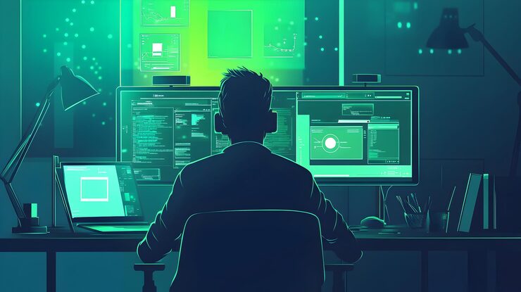 Photo developer working on multiple screens with programming code data analytics and graphs generative ai