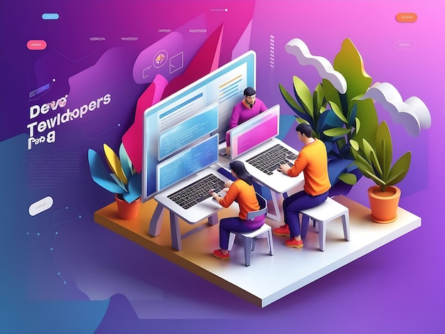 Developers team concept 3d isometric web landing page People develop programs and applications