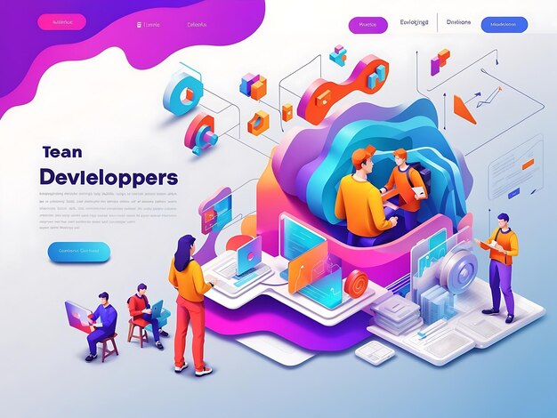 Developers team concept 3d isometric web landing page People develop programs and applications