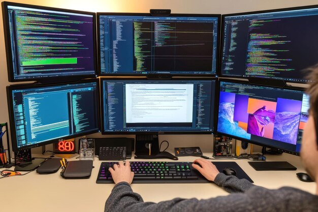 developers workspace multiscreen computer setup for software programming and coding