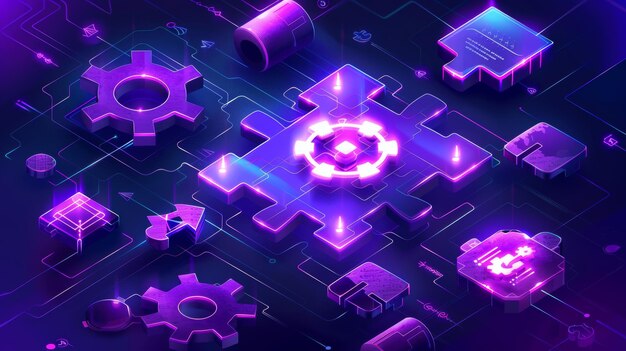 Developing a collaborative business concept in 3D Holographic interface icons on ultraviolet background Teamwork cooperation partnership and trust 3D concept