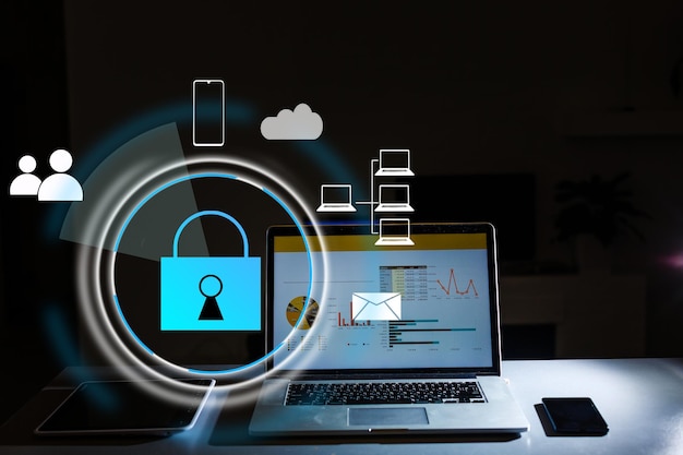 developing network security system. internet data security concept. businessman using laptop.