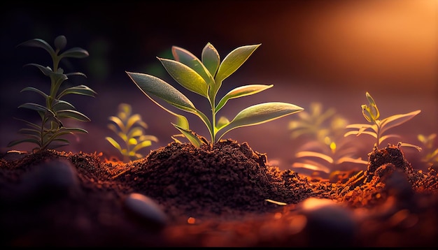 Developing plant Young plant with ground backdrop and dawn light New life idea Springtime sees little plants on the ground freshseed image with a modern agricultural theme Generative AI Illustration