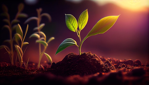 Developing plant Young plant with ground backdrop and dawn light New life idea Springtime sees little plants on the ground freshseed image with a modern agricultural theme Generative AI Illustration