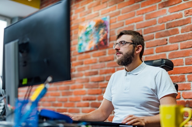 developing programming and coding technologies. website design. programmer working in a software develop company office.