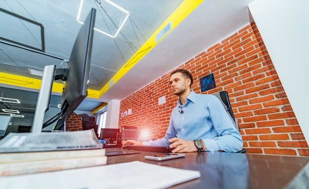 developing programming and coding technologies. website design. programmer working in a software develop company office.