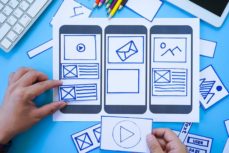 Photo developing wireframe sketch layout design mockup on smartphonetablet screen