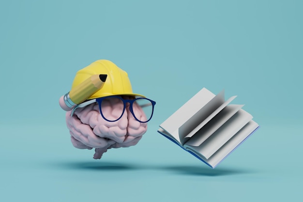 Photo development of the construction project a brain in glasses and in a construction helmet and a book