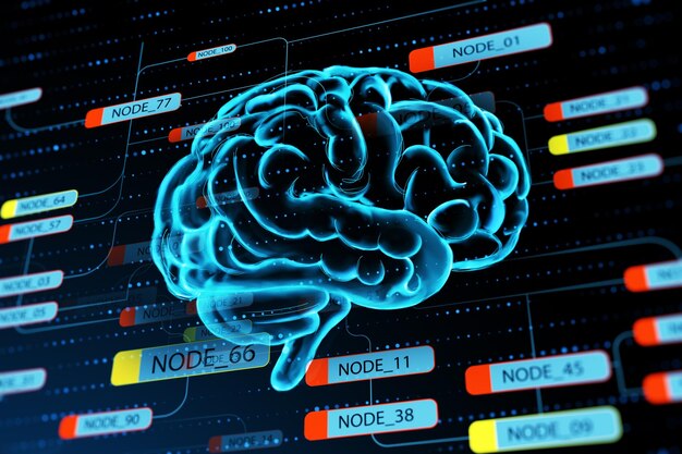 Development education and technologies concept with digital human brain on dark background with node signs 3D rendering