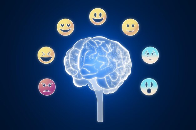 Photo development of emotional intelligence concept polygonal human brain and various human emotions fear surprise joy sadness anger hologram on blue background 3d rendering