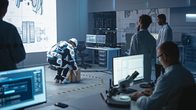 In Development Laboratory Engineers and Scientists Look at Robotics Exoskeleton Presentation with Person Lifting Heavy Carboard Box Designing Wearable Exosuit to Help Workers