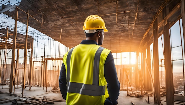 Photo development laborer wearing yellow hardhat for wellbeing on building site