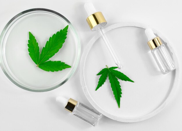 天然麻油の開発 麻の葉の組成 シャーレピペットと麻油のボトル 天然麻化粧品のコンセプト