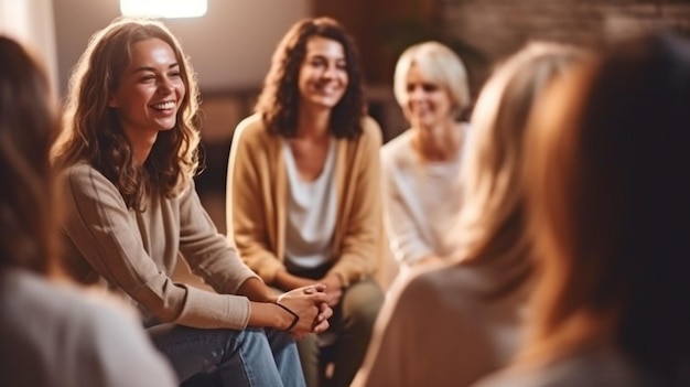 Photo deverse women's group listening to a young girl's problems while sitting in a circle while attending a support group or therapy session generative ai