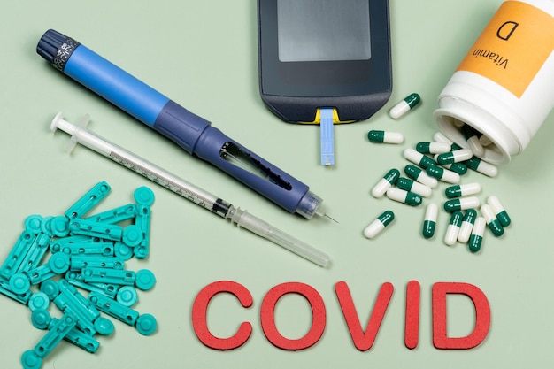 Device to measure blood glucose and the word Covid written