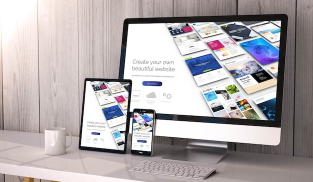 devices on desktop, website builder on screen. 3d rendering.