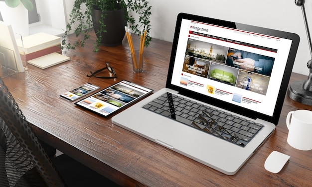 Devices e-magazine on wooden desktop 3d rendering