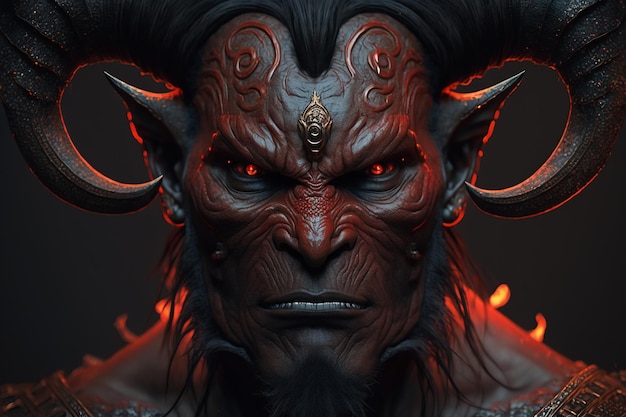 Devil satan in hell concept Portrait of an evil monster with horns and red eyes terrible orc with frightening look Generative AI