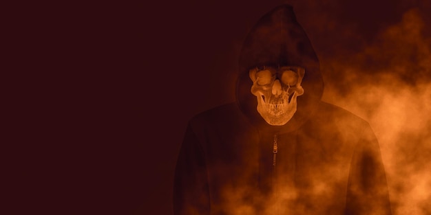 A devil skull in a black robe with a hood and a smoke skull\
smiling under a black shirt the spirit