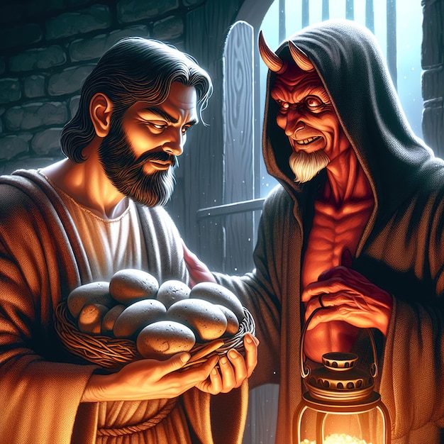 The devil tempts Jesus offering to turn stones into bread