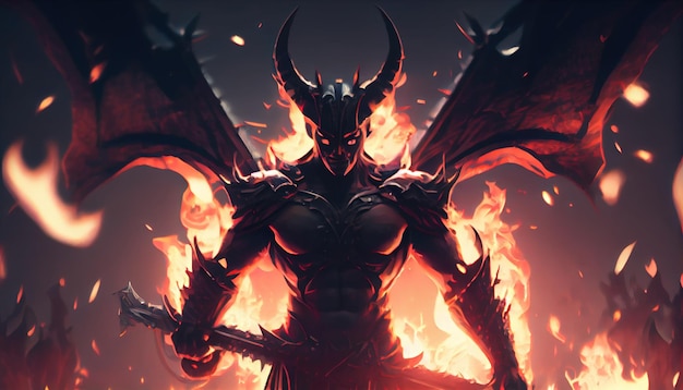 Devil warrior with hellfire digital art illustration Generative AI