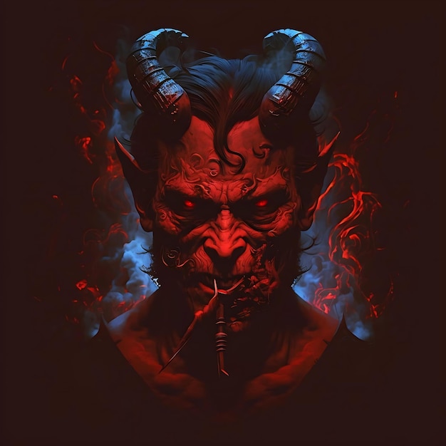 A devil with horns and a red shirt is smoking a pipe.