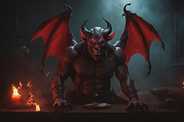 Дьявол с красными рогами и кровью на лице Хэллоуин