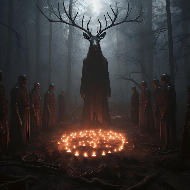 Культ поклонения дьяволу со свечами в лесу