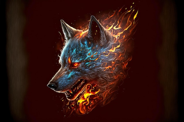 Devilish animal tattoo burning wolf head on black background
